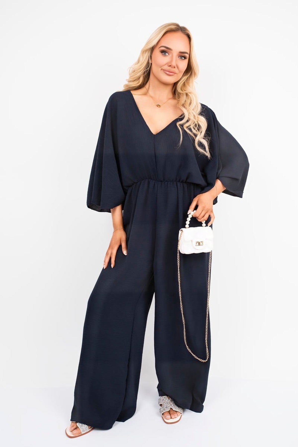 Maysa Wide Leg V Neck Jumpsuit With Back Tie Detail - Navy