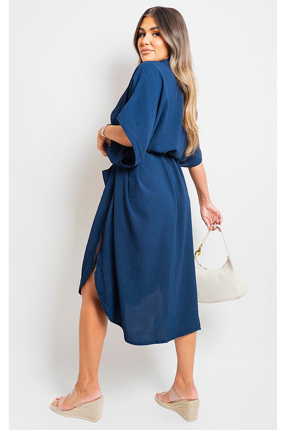 Nancy Button Down Collared Midi Dress With Two Front Pockets - Navy