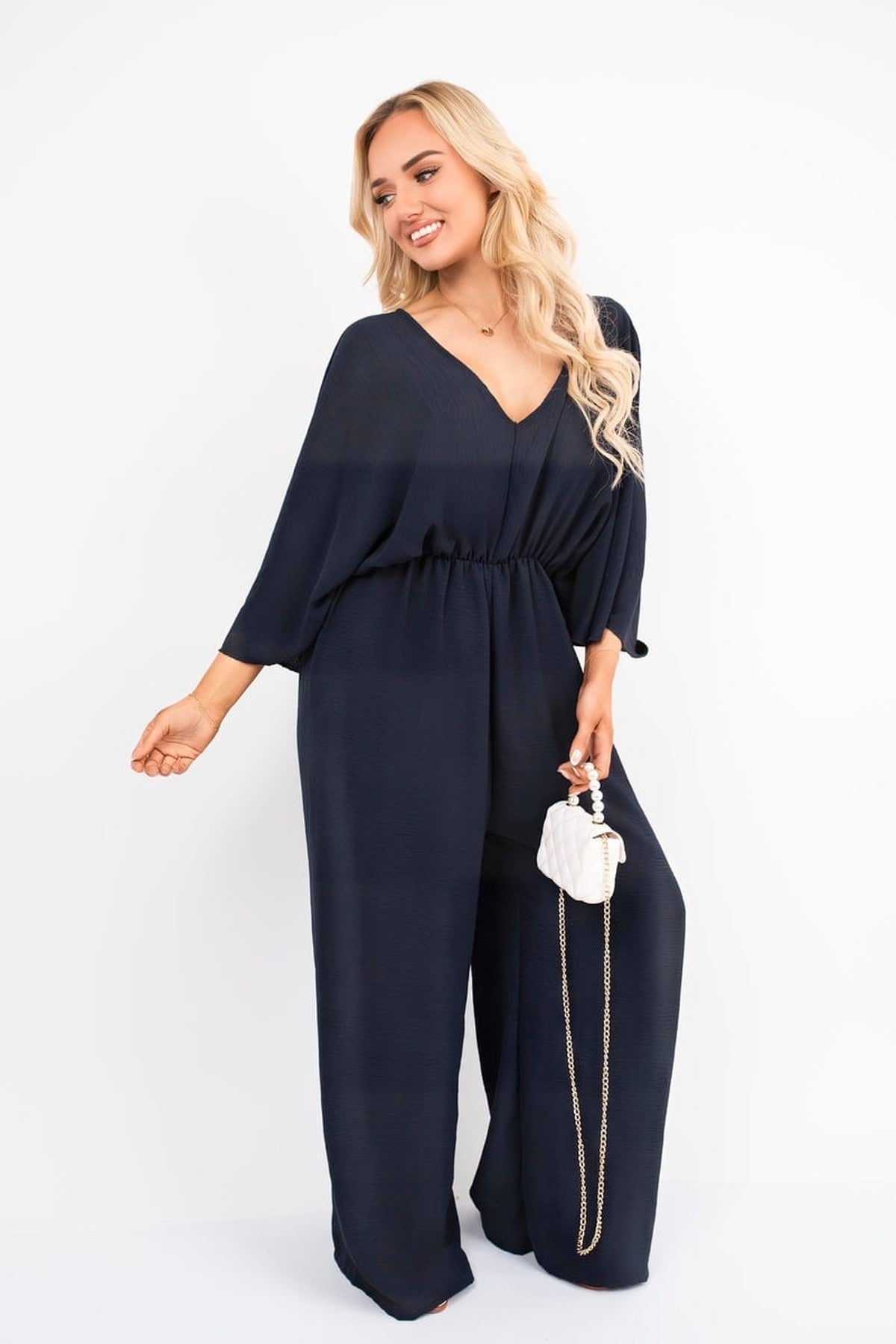 Maysa Wide Leg V Neck Jumpsuit With Back Tie Detail - Navy
