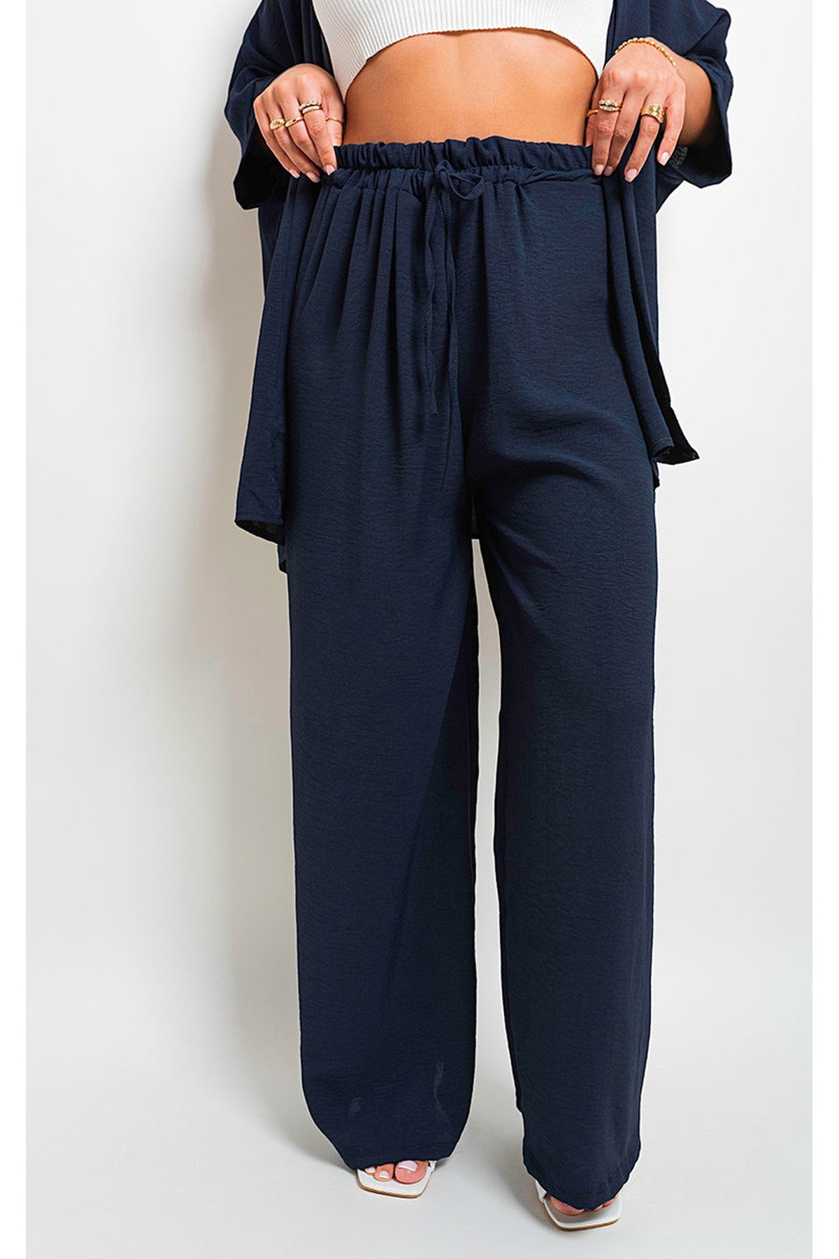 Mollie Drawstring Gathered Waist Wide Leg Trouser - Navy