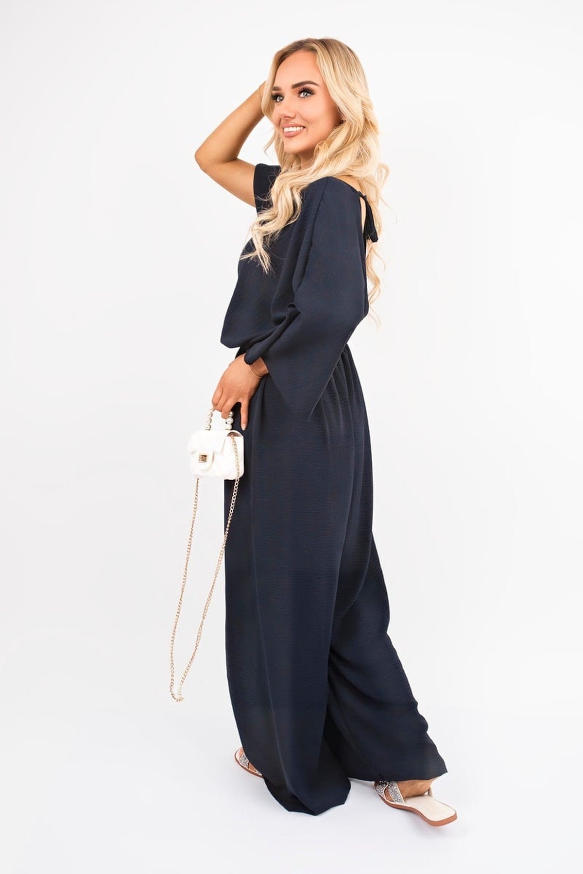 Maysa Wide Leg V Neck Jumpsuit With Back Tie Detail - Navy