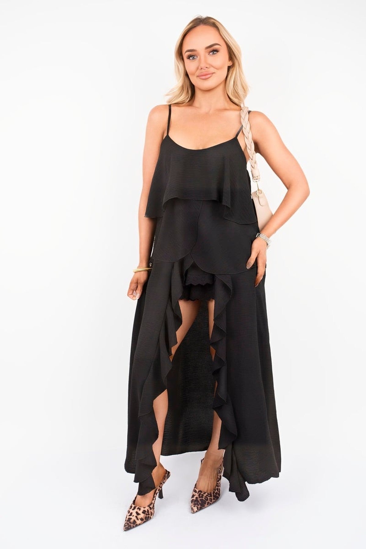 Nayeli Layered Cami Top With Asymmetric Hem - Black
