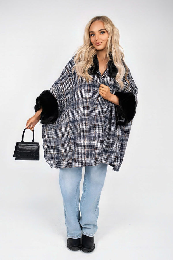 Nerina Check Oversized Jacket With Faux Fur Trim - Navy