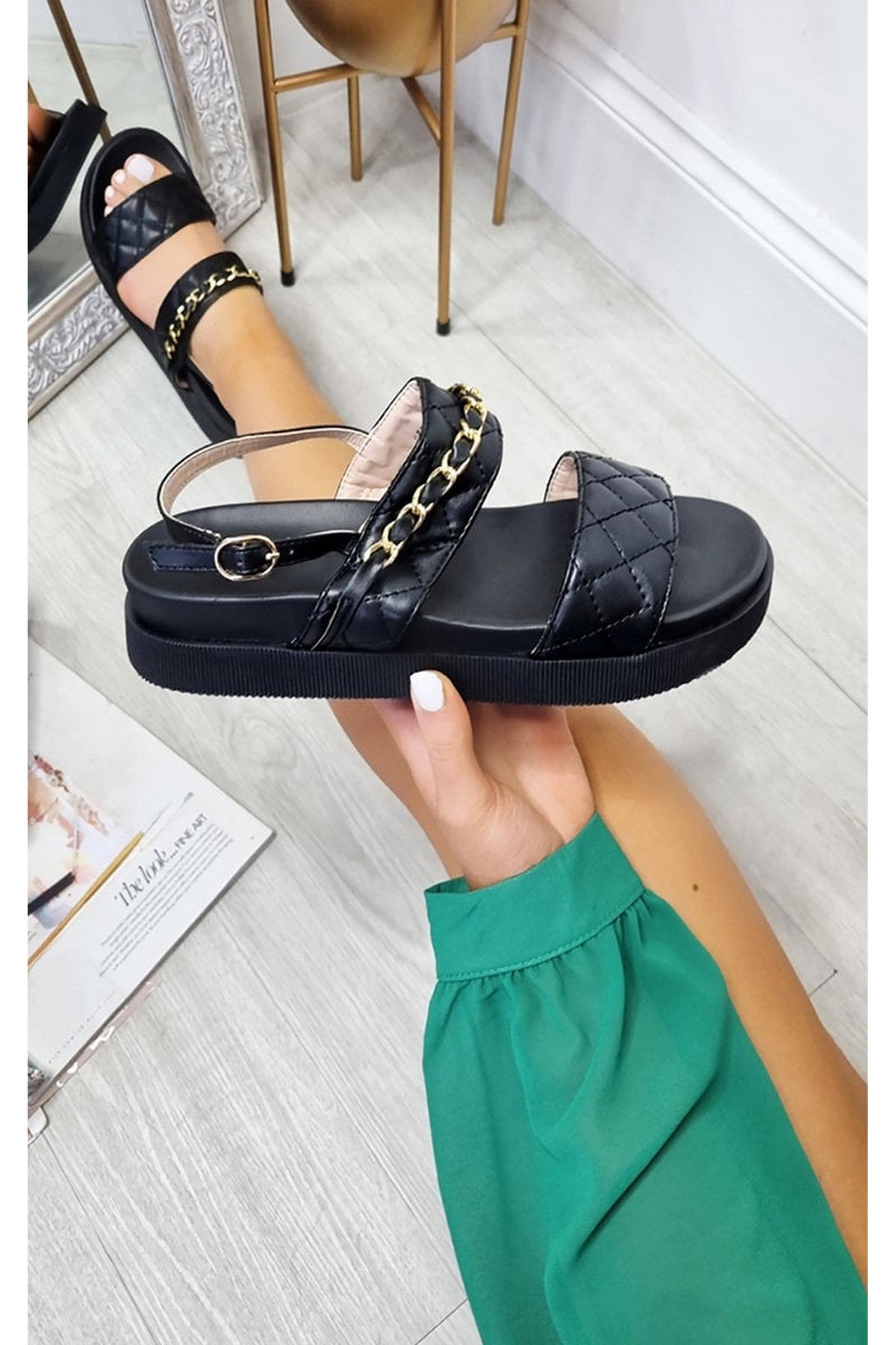 Nikita Sandals With Quilted And Chain Detail - Black