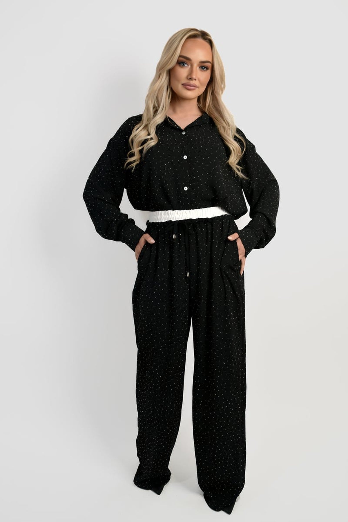Nina Button Down Embellished Long Sleeve Top - Black