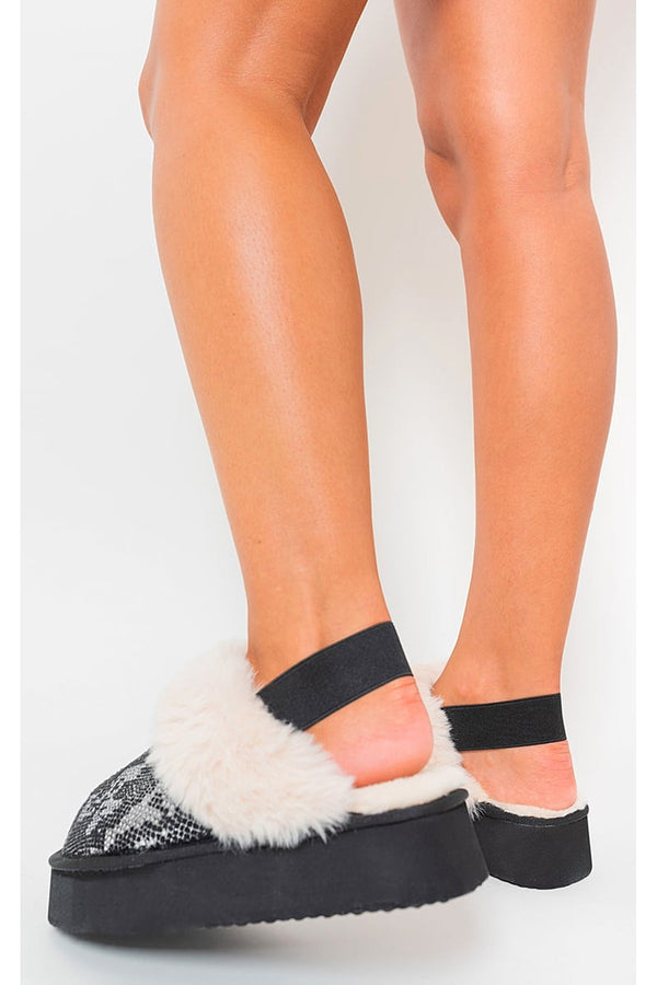 Noelle Sequin Faux Fur-cuff Back Strap Boots - Black