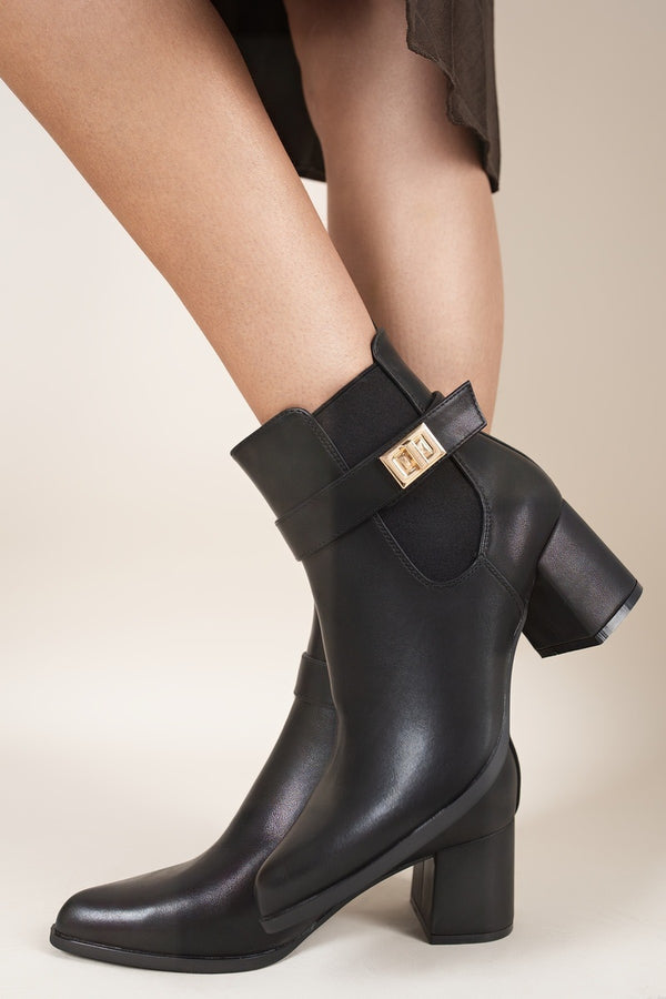 Noeme Side Zip Block Heel Ankle Boots With Buckle Strap Detail - Black