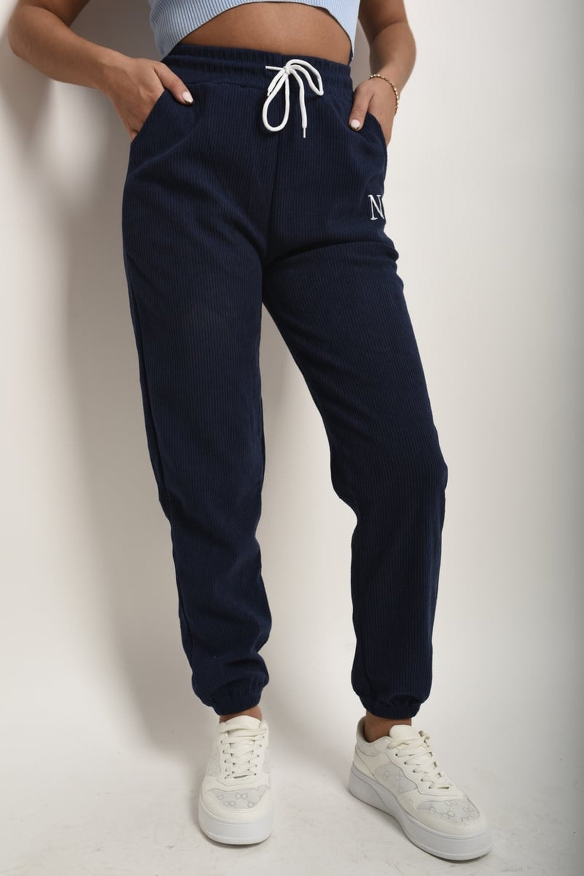 Noemi High Waisted Drawstring Trouser With Pockets - Navy