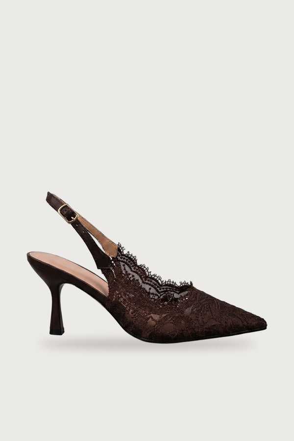 Odette Floral Lace Pointed Toe Heels - Brown