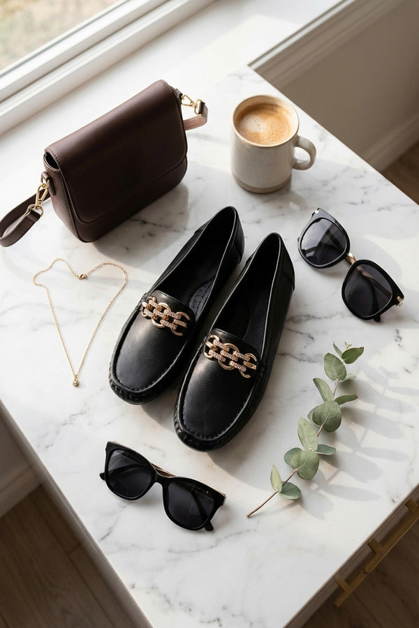 Olivia Womens Rhinestone Chain Loafers - Black