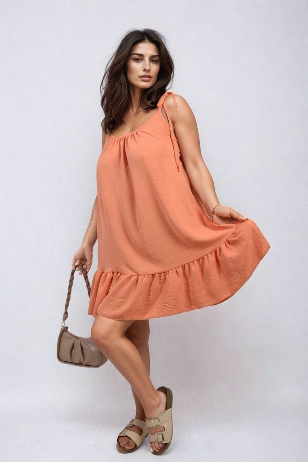 Faye Backless Tie-up Spaghetti Strap Frill Hem Mini Dress - Orange