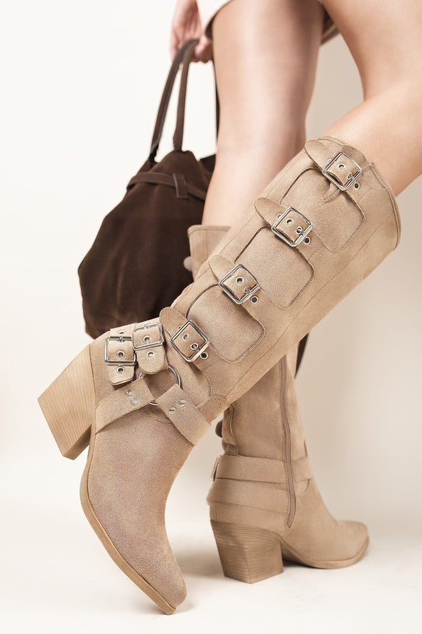 Ornella Block Heel Knee High Boots With Buckle Strap Detail - Khaki/Tan