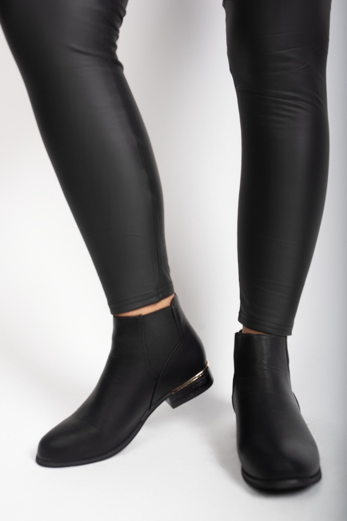Palina Faux Leather Ankle Boots With Gold Trim Heel - Black