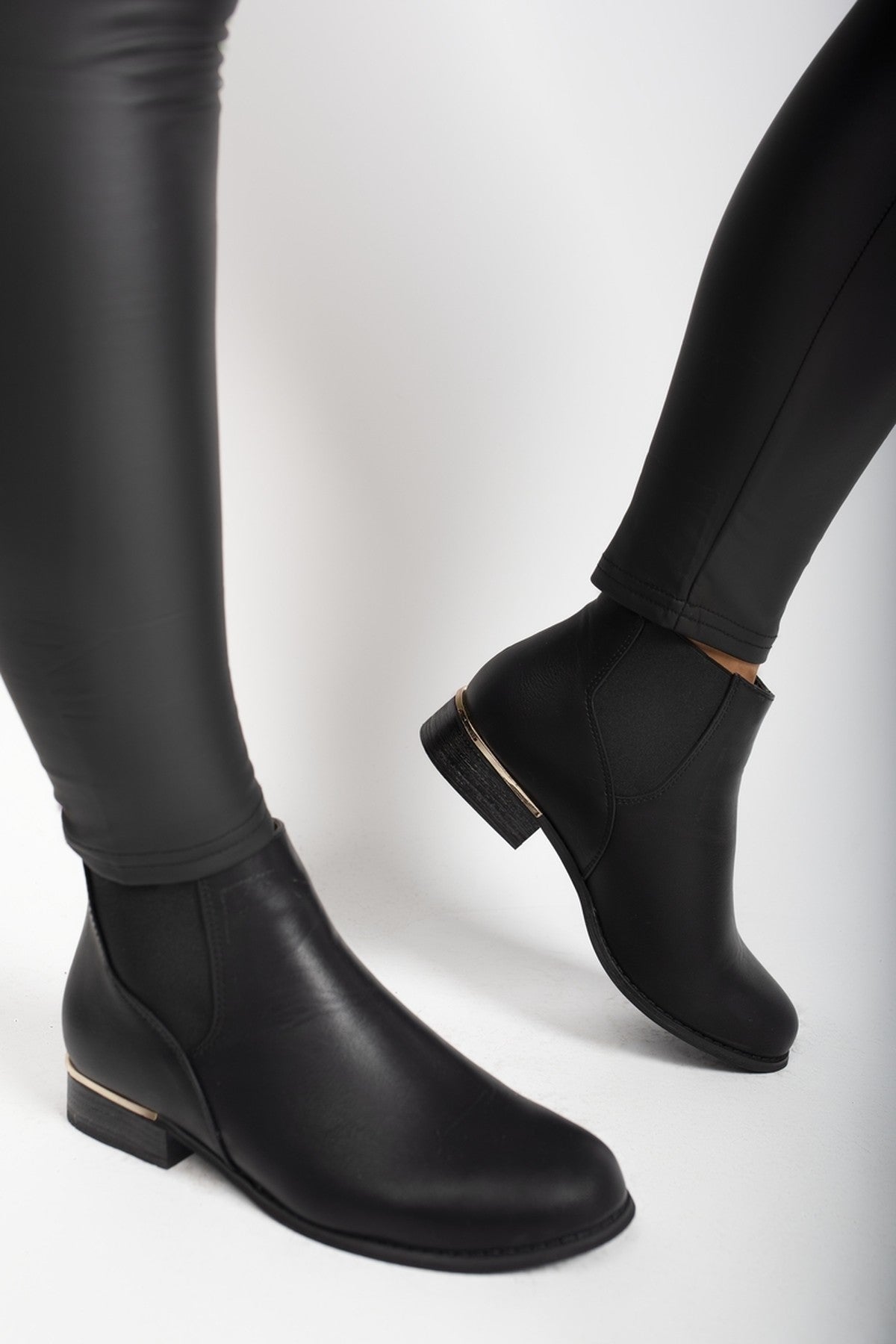 Palina Faux Leather Ankle Boots With Gold Trim Heel - Black