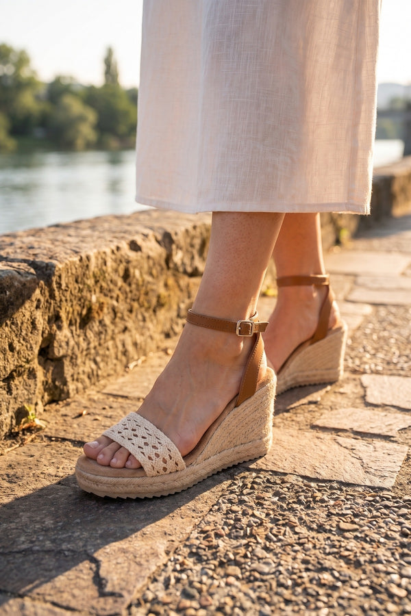 Pearl Crochet Strap Espadrille Wedge Sandals - Beige