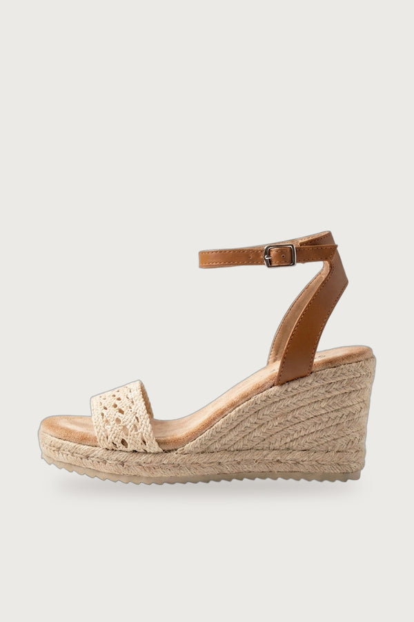 Pearl Crochet Strap Espadrille Wedge Sandals - Beige