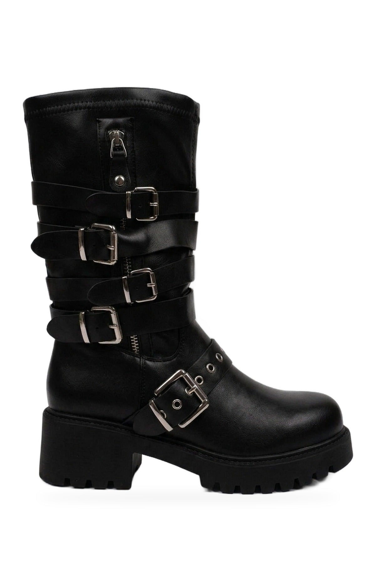 Pearl Faux Leather Multi Buckle Biker Boots - Black