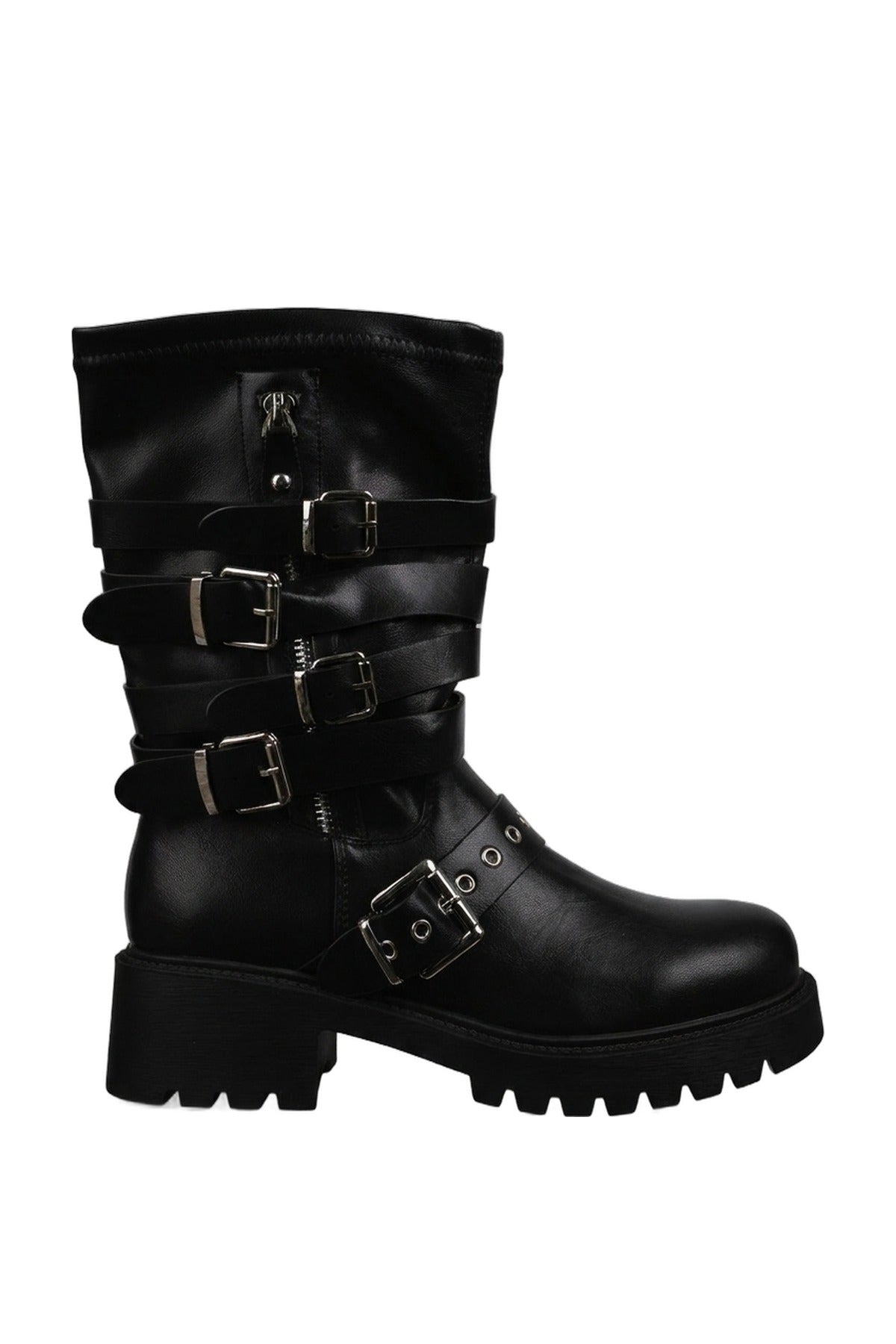 Pearl Faux Leather Multi Buckle Biker Boots - Black_wb