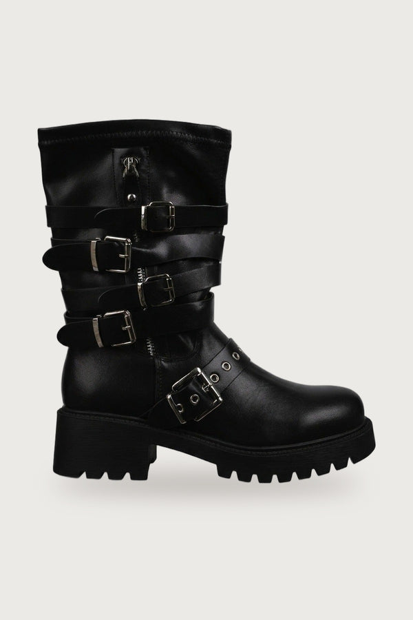 Pearl Faux Leather Multi Buckle Biker Boots - Black