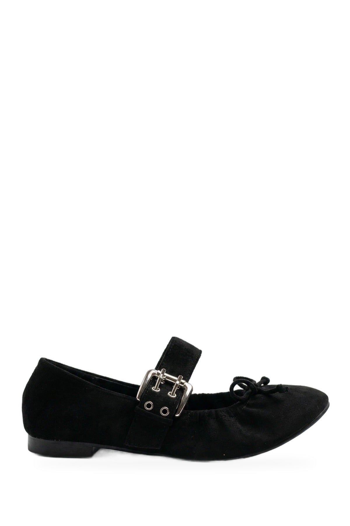 Pearl Ruched Buckle Strap Ballet Flats - Black
