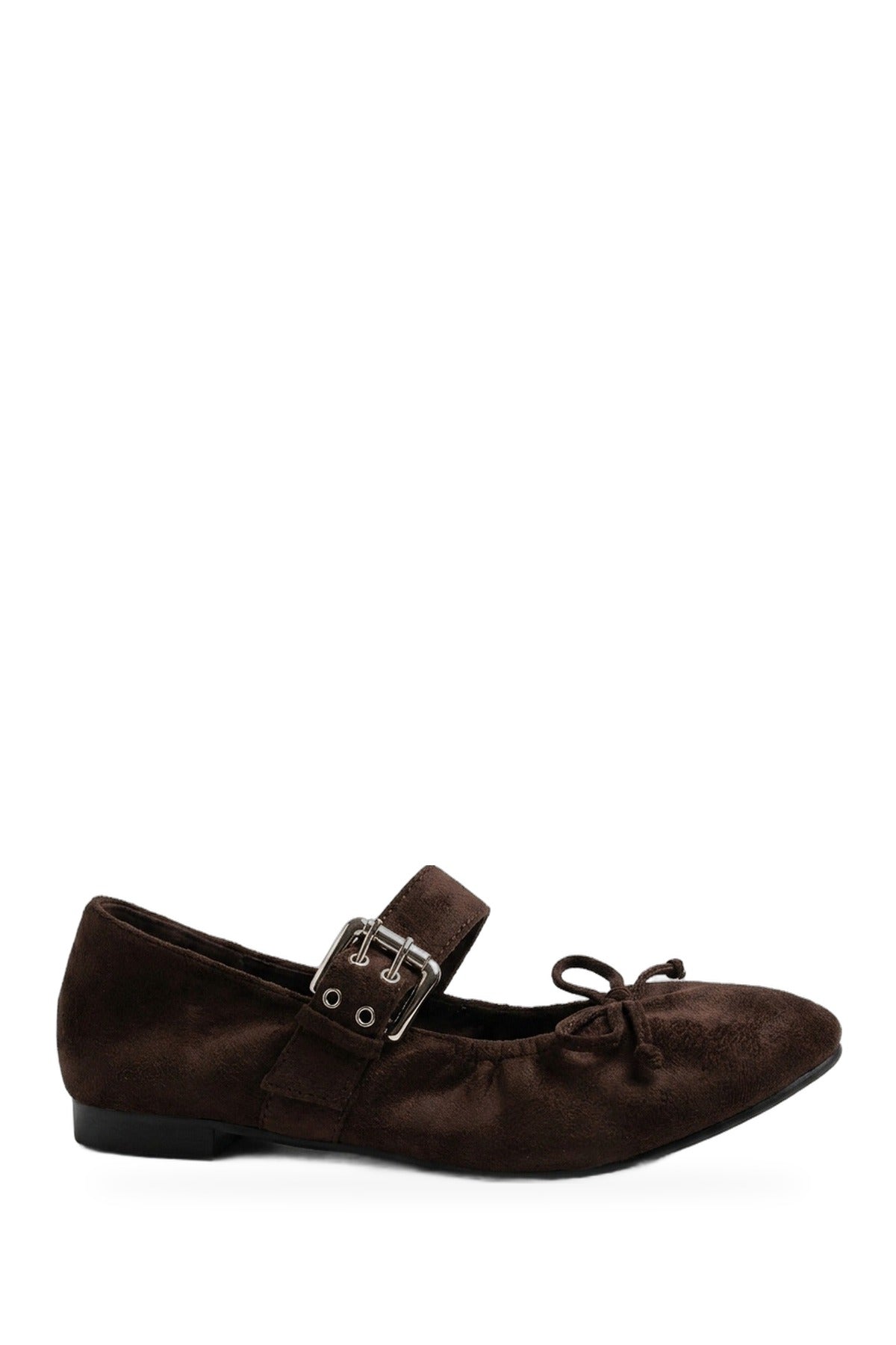 Pearl Ruched Buckle Strap Ballet Flats - Brown