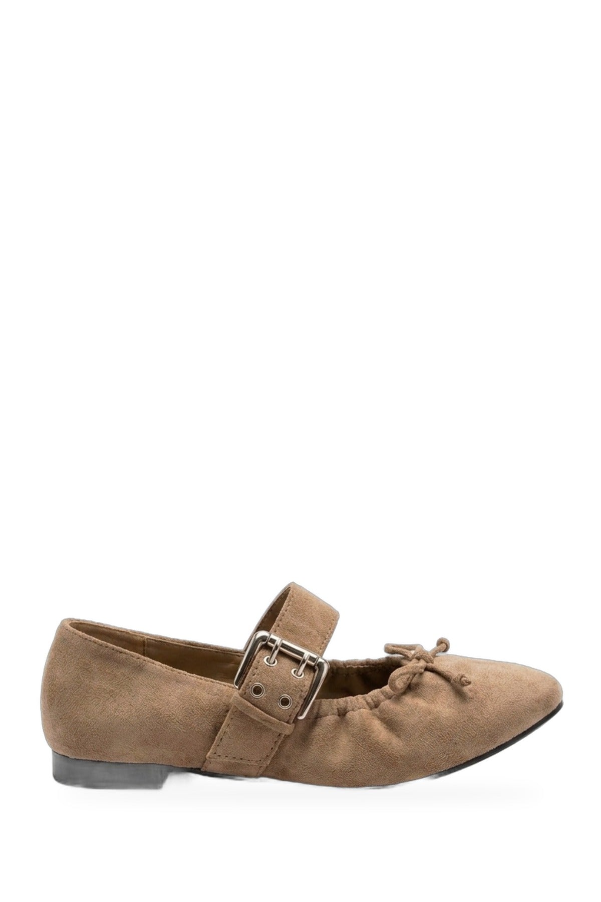 Pearl Ruched Buckle Strap Ballet Flats - Khaki