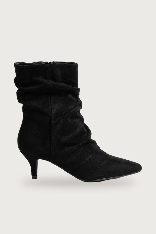 Petronella Faux Suede Slouch Kitten Heel Ankle Boots - Black