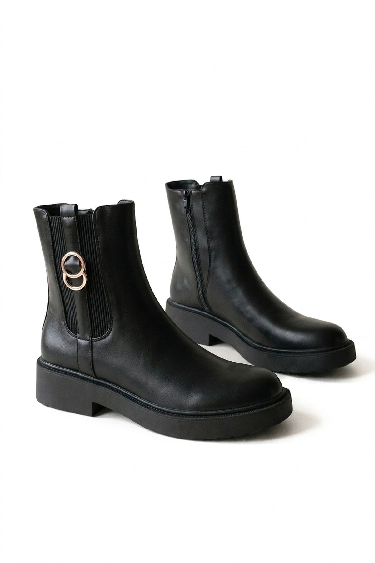 Pilar Gold Ring Chunky Chelsea Boots - Black_wb