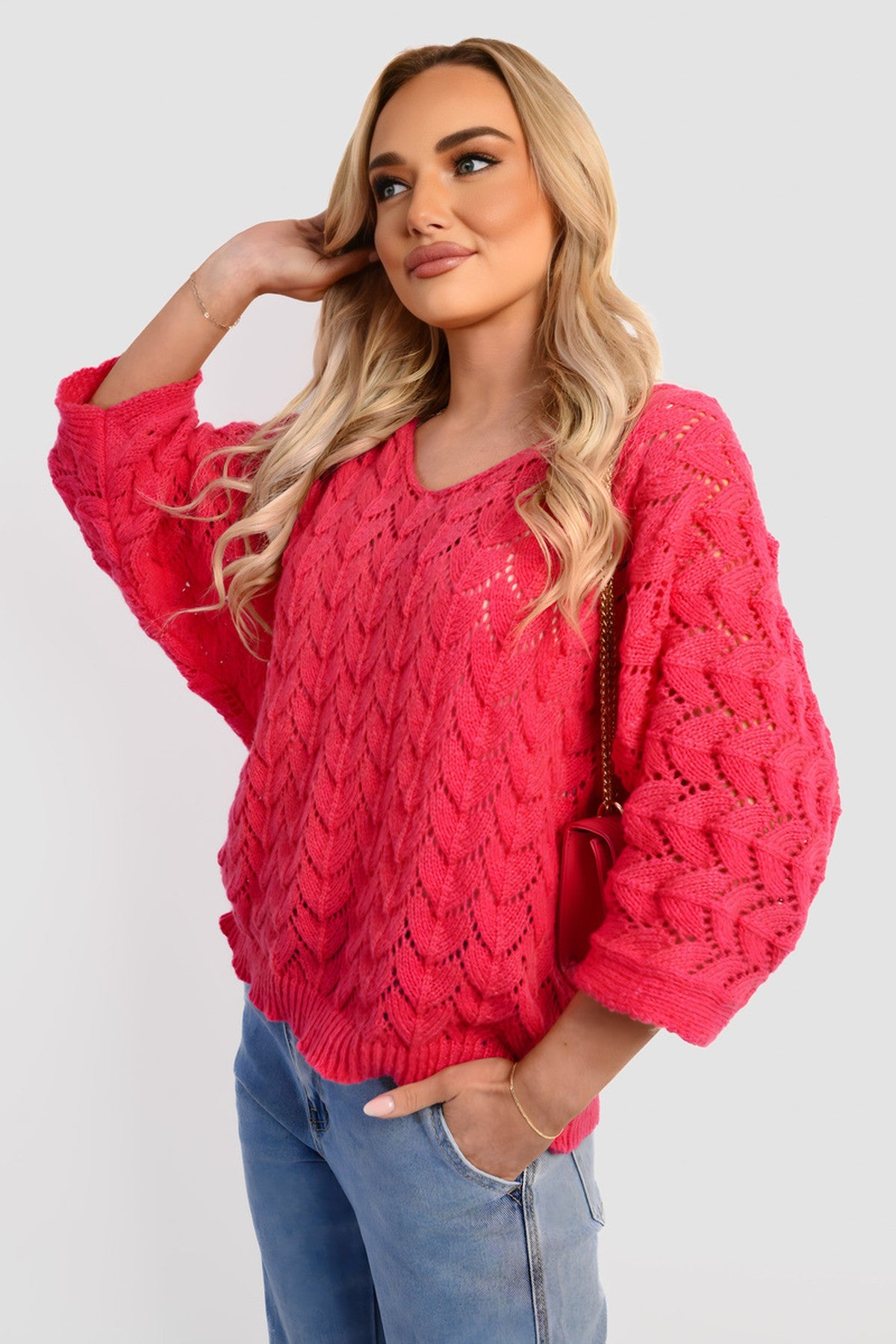 Eliza Half Sleeve Chunky Cable Knit Jumper - Pink