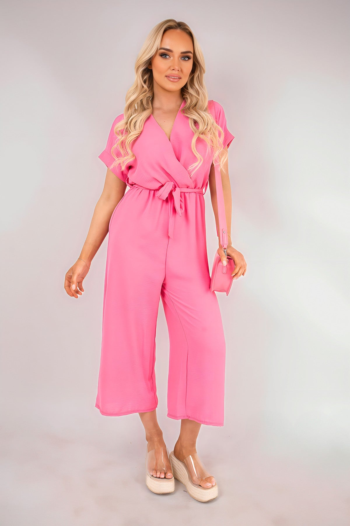 Nerina Wrap Short Sleeve Wide Leg Jumpsuit With Tie Waist - Pink