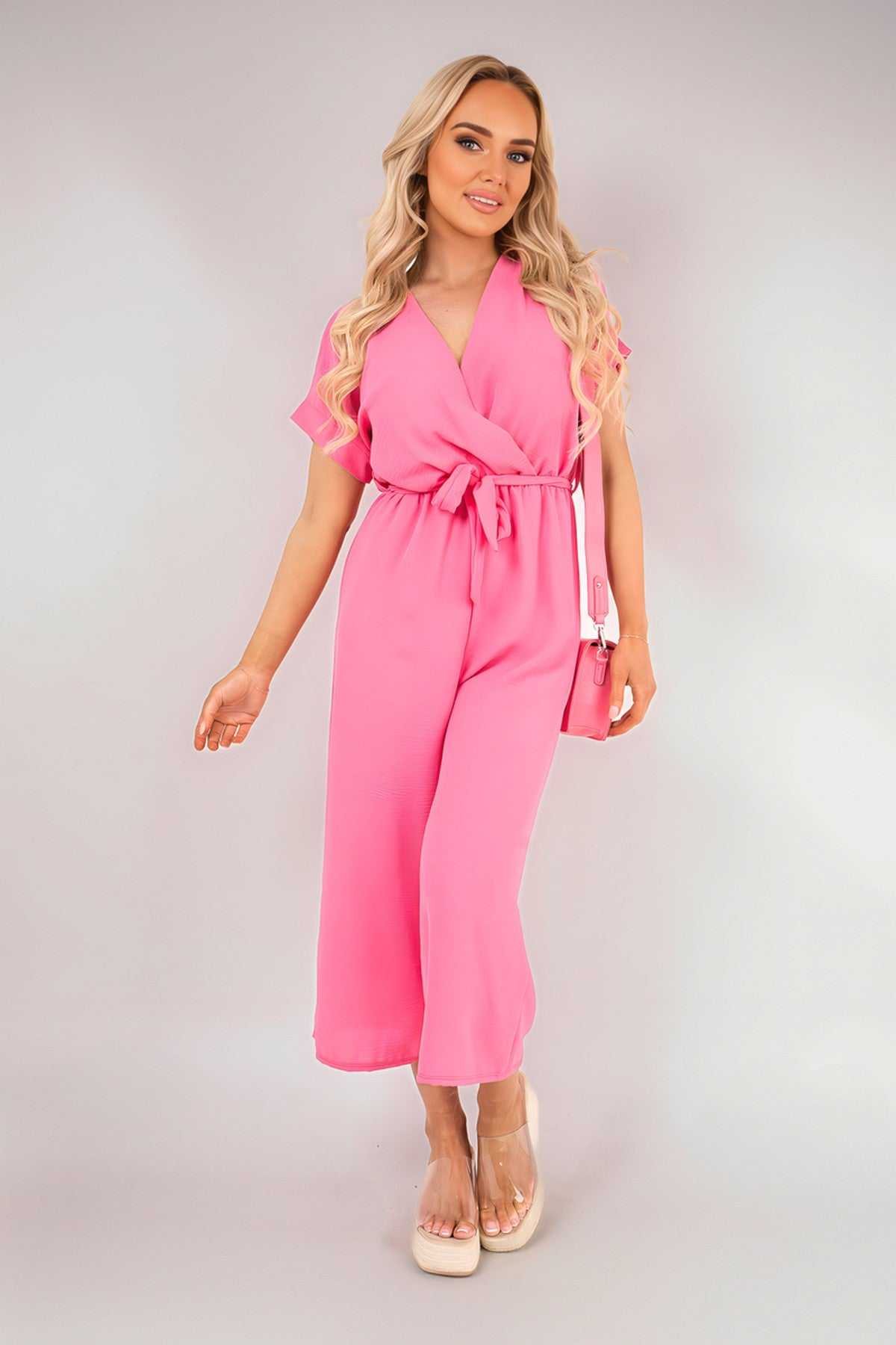 Nerina Wrap Short Sleeve Wide Leg Jumpsuit With Tie Waist - Pink