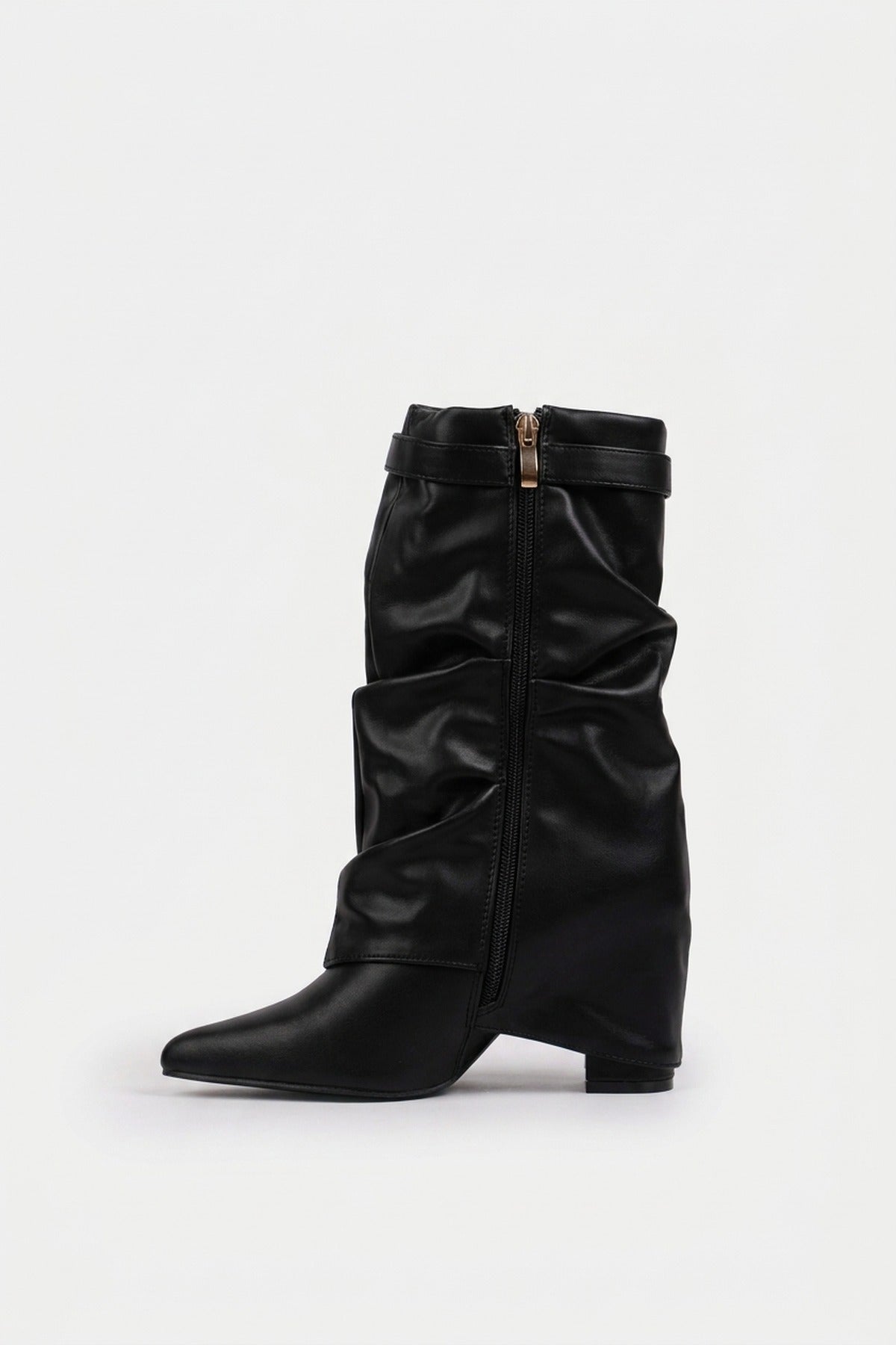 Odile Fold Over Block Heel Boots - Black Pu