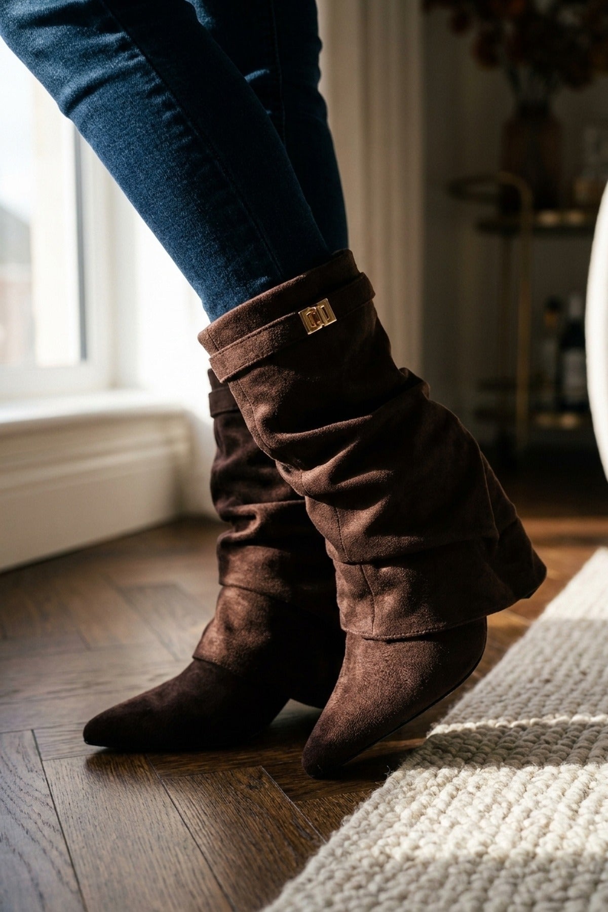 Odile Fold Over Block Heel Boots - Dark Brown Suede