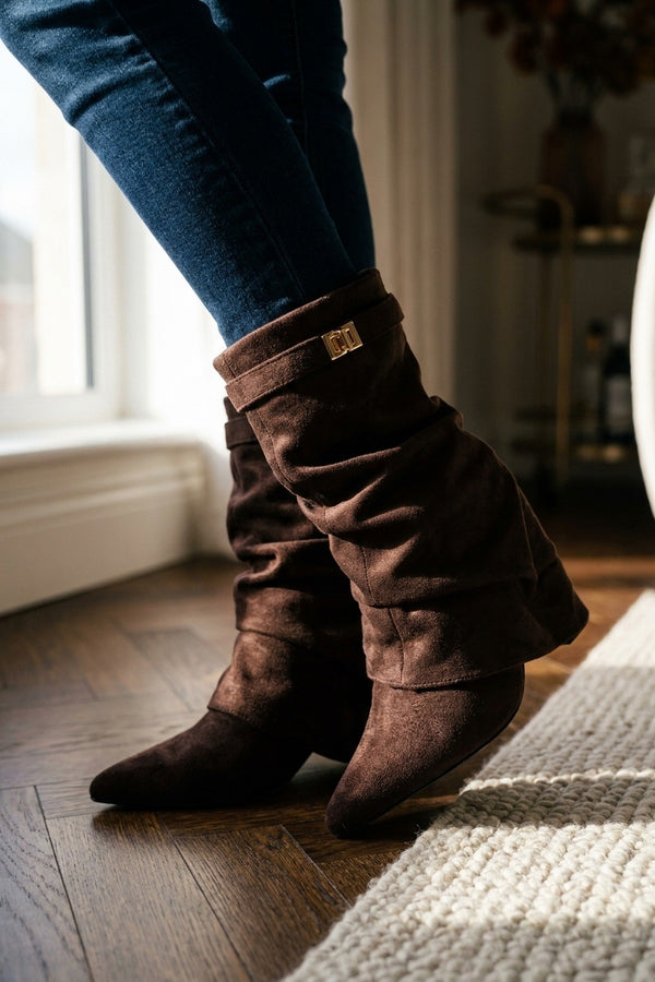 Odile Fold Over Block Heel Boots - Dark Brown Suede