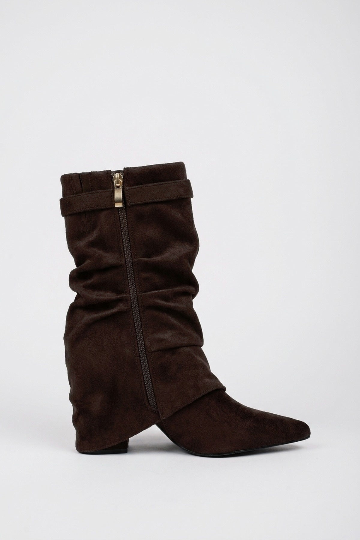 Odile Fold Over Block Heel Boots - Dark Brown Suede