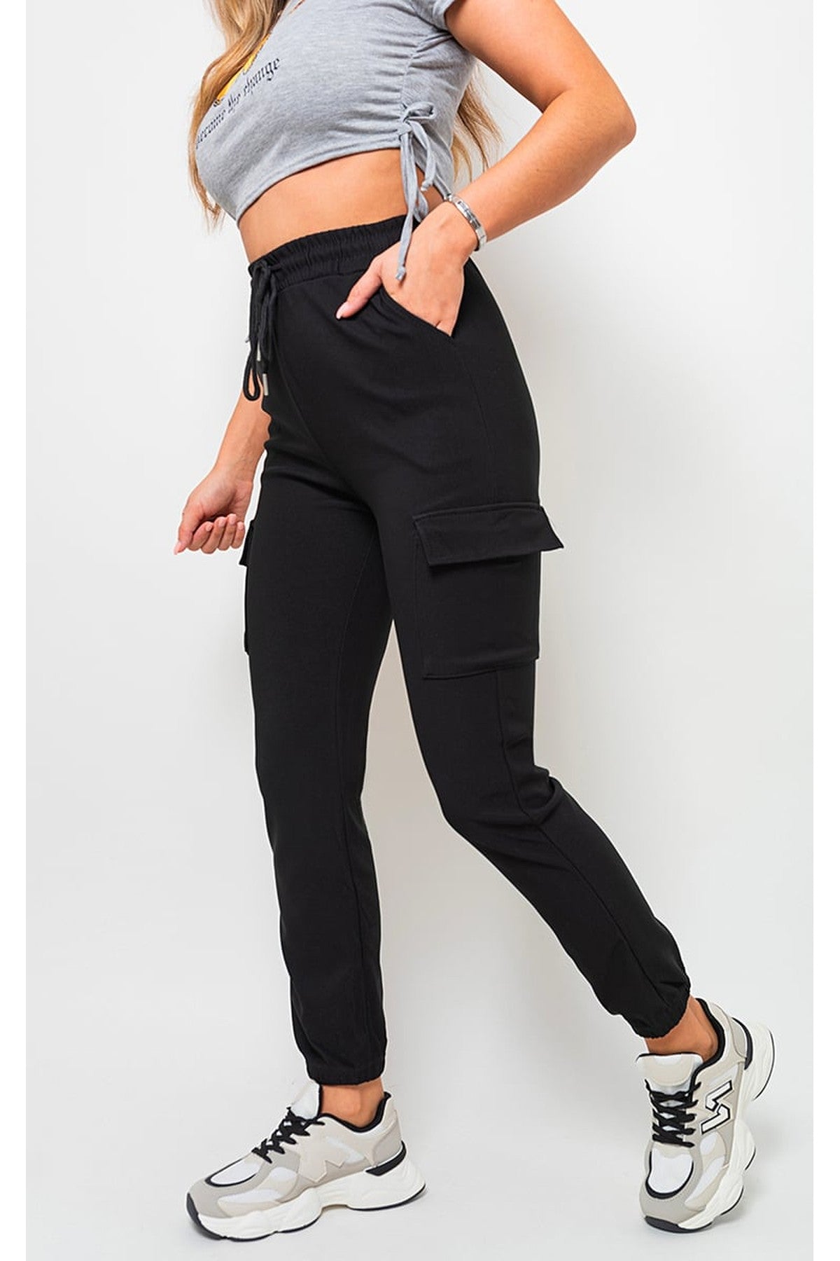Plus Size Frankie Cargo Pocket Trouser With Drawstring - Black