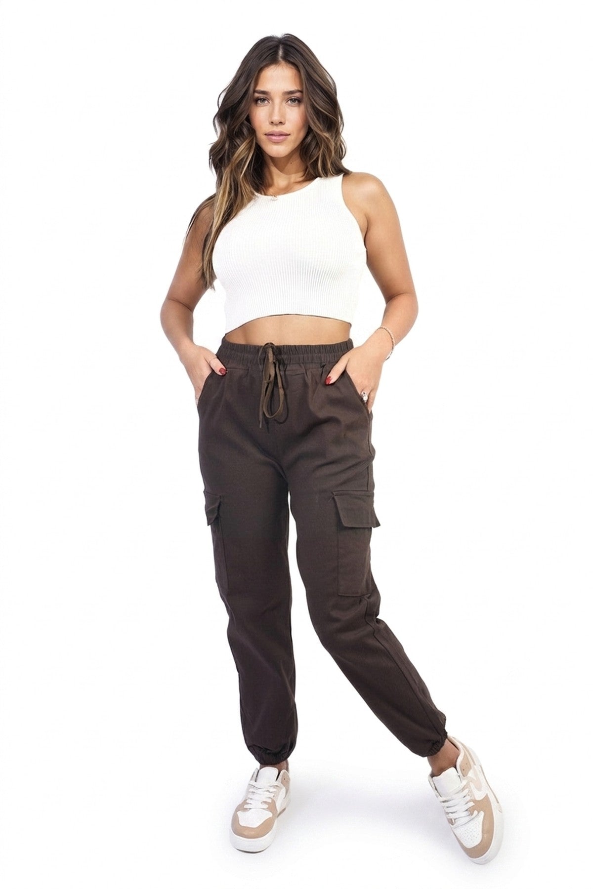 Frankie Plus Size Cargo Pocket Trouser With Drawstring - Brown_wb
