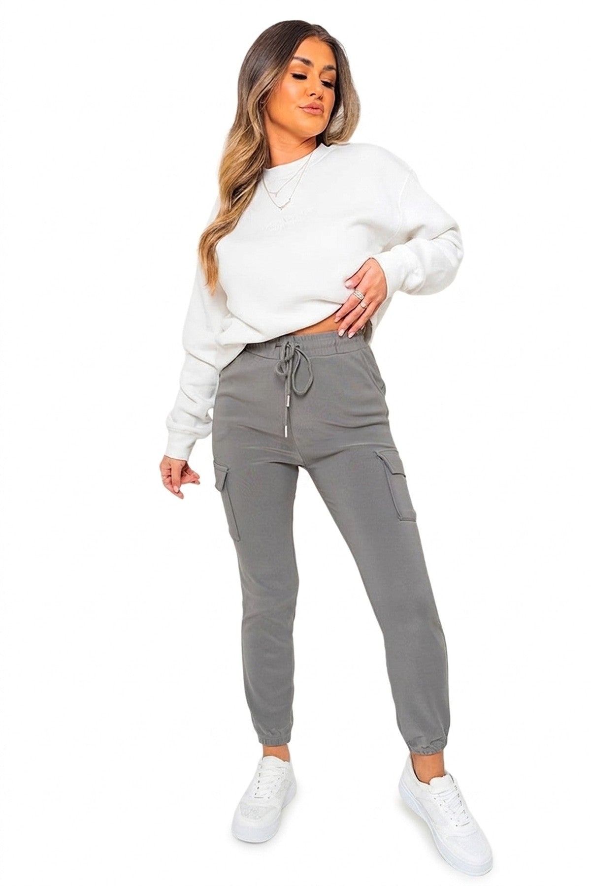 Frankie Plus Size Cargo Pocket Trouser With Drawstring - Grey_wb