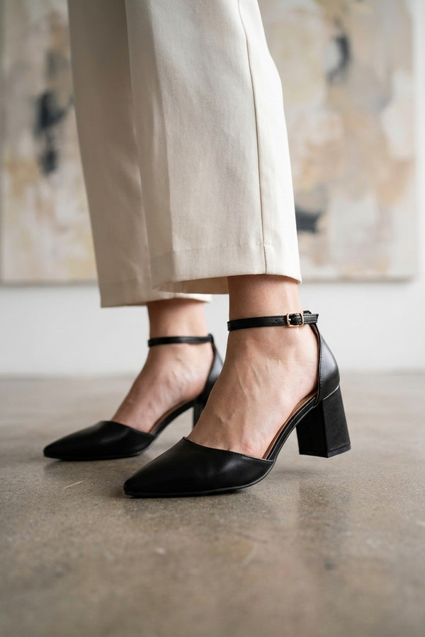 Saoirse Pointed Toe Ankle Strap Heels - Black