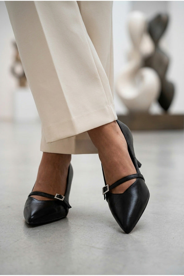 Theia Pointed Toe Embellished Strap Shoes - Black