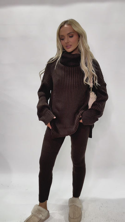 Mila Chunky Knitted High Roll Neck Top Bottom Co-ord Set
