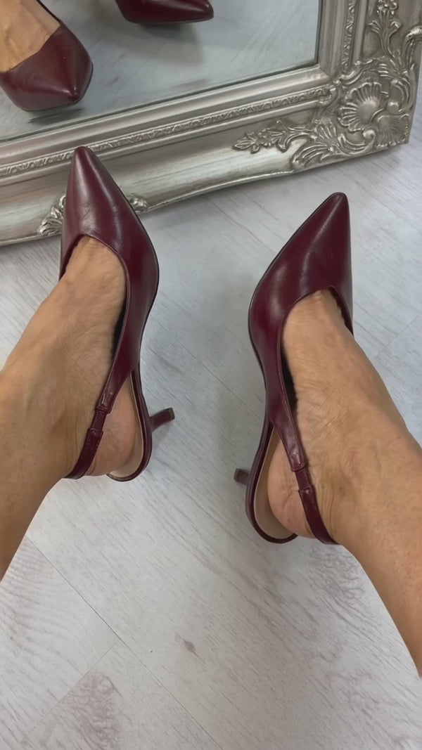 Cordelia Pointed Toe Slingback Kitten Heels - Wine try-on video