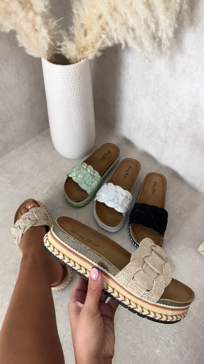 Erin Open Toe Embellished Strap Slide Platform Sandals