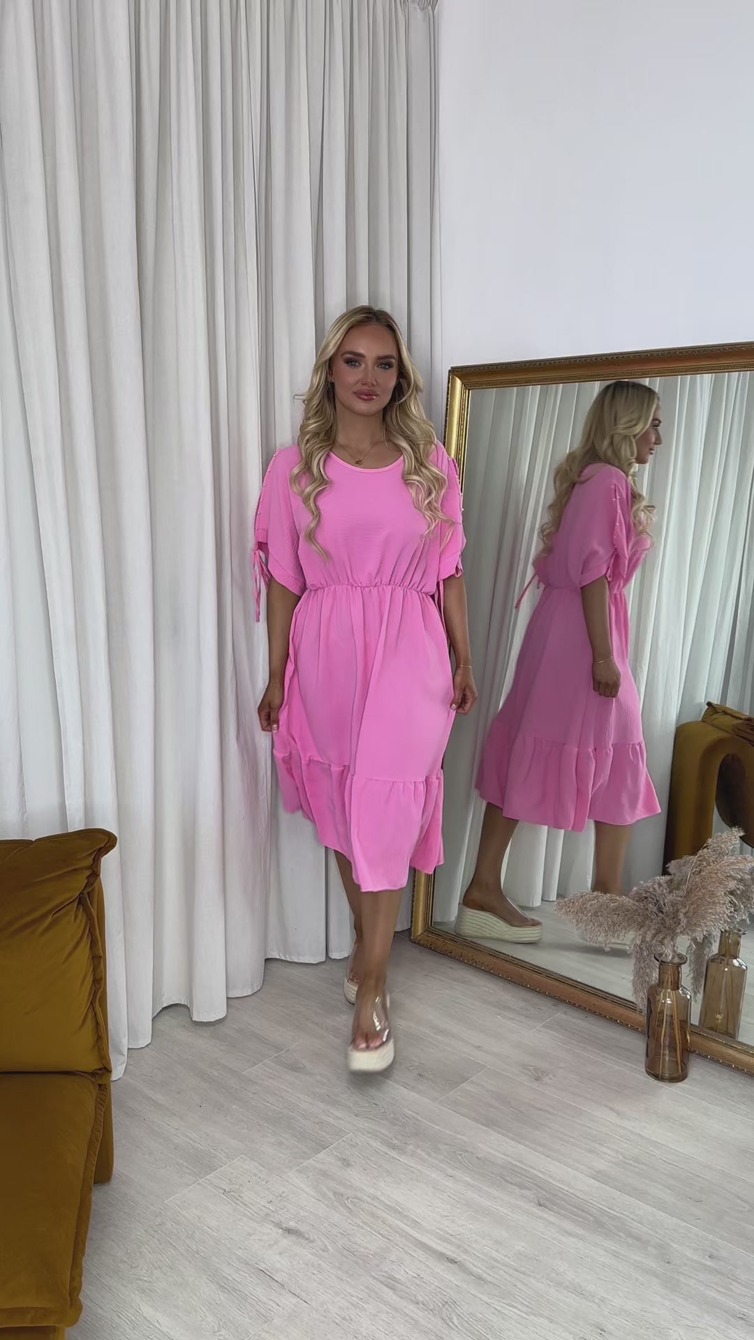 Fianna Round Neck Short Sleeve Midi Dress With Tie Sleeve Detail