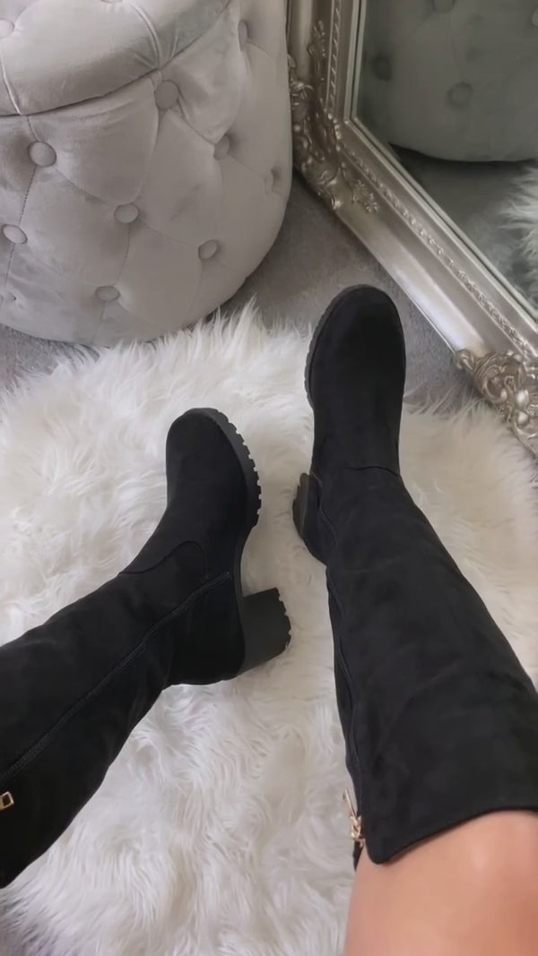 Genevieve Over The Knee Block Boots - Black Suede try-on video
