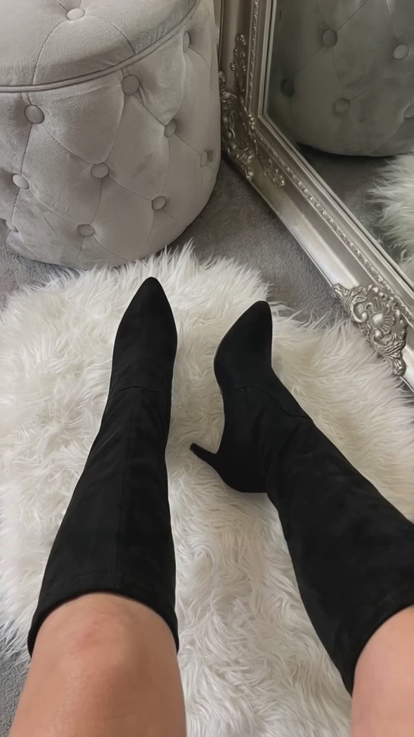 Ines Faux Suede Over The Knee Boots - Black try-on video