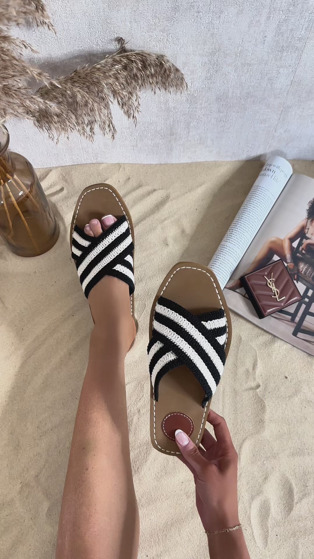 Elina Cross Strap Flat Sandals With Woven Detail