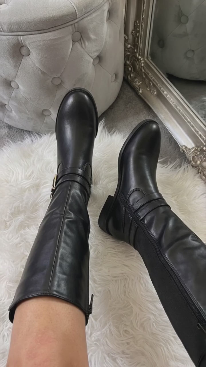 Mirabel Faux Leather Buckle Strap Knee High Riding Boots - Black try-on video