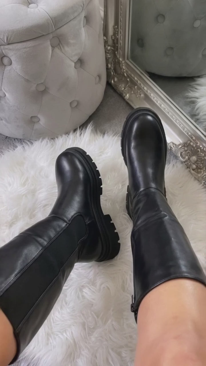 Pearl Chunky Sole Knee High Boots - Black try-on video
