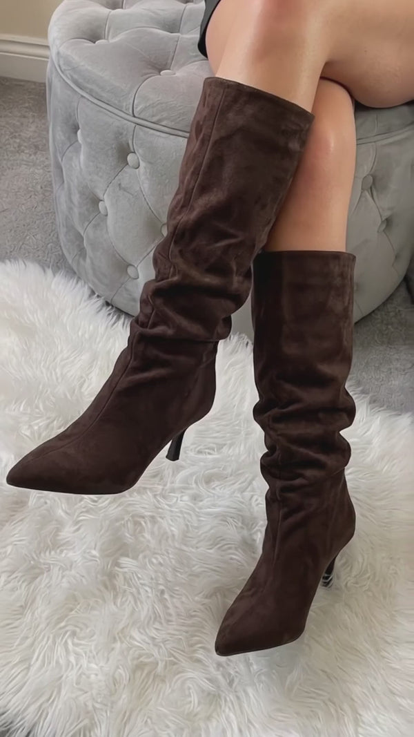 Anais Faux Suede Slouch Knee High Stiletto Boots - Brown try-on video